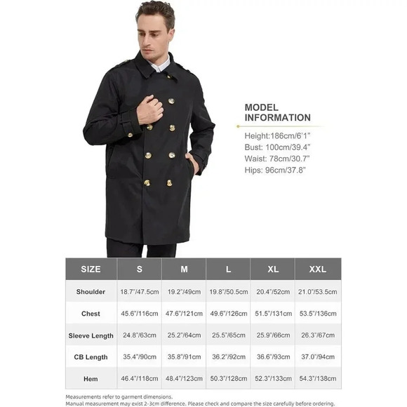 Men's Long Double Breasted Trench Coat with Belt  Light Lape Windbreaker - Picture 6 of 6